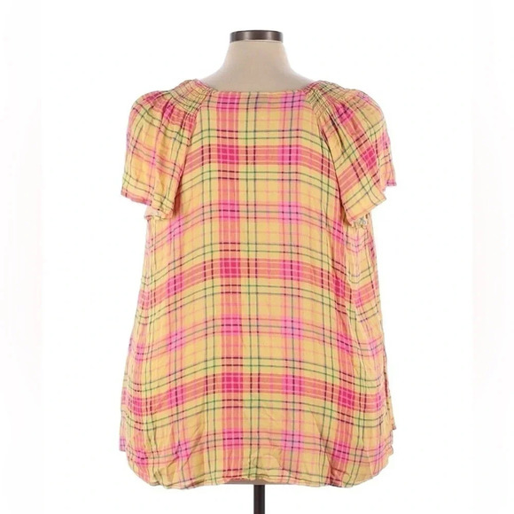 Torrid | Smocked Crew Neck Blouse Crinkle Gauze Plaid Yellow Plus Size 3X - Picture 5 of 6